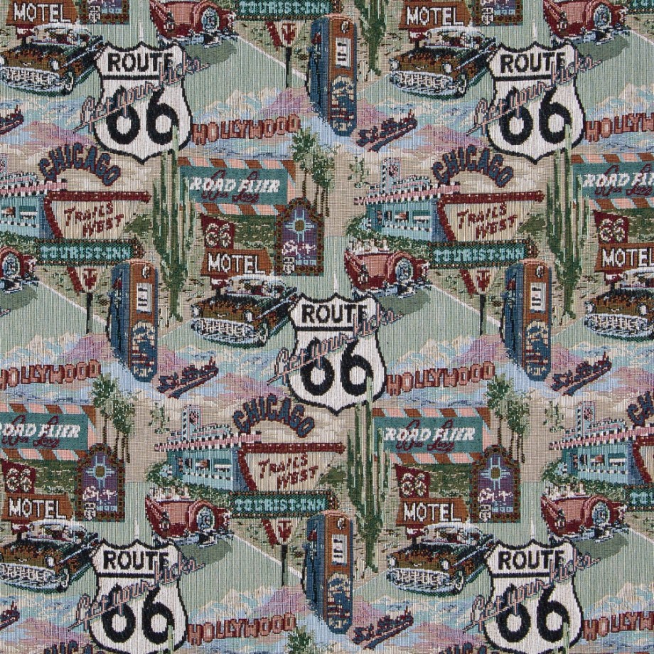 Classic Route 66 Themed Tapestry Upholstery Fabric By The Yard