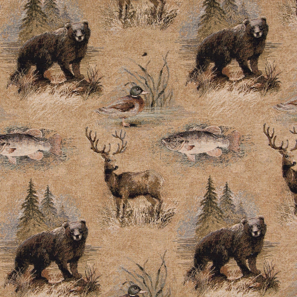 A026 Bears, Fish, Ducks And Deer Themed Tapestry Upholstery Fabric By The  Yard