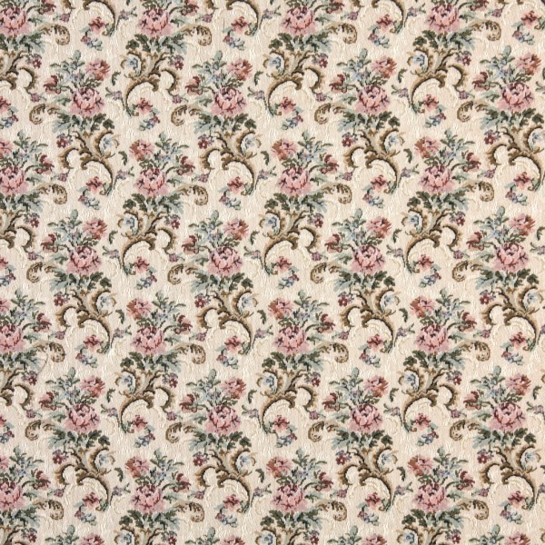 Pink, Beige And Green, Floral Tapestry Upholstery Fabric By The Yard