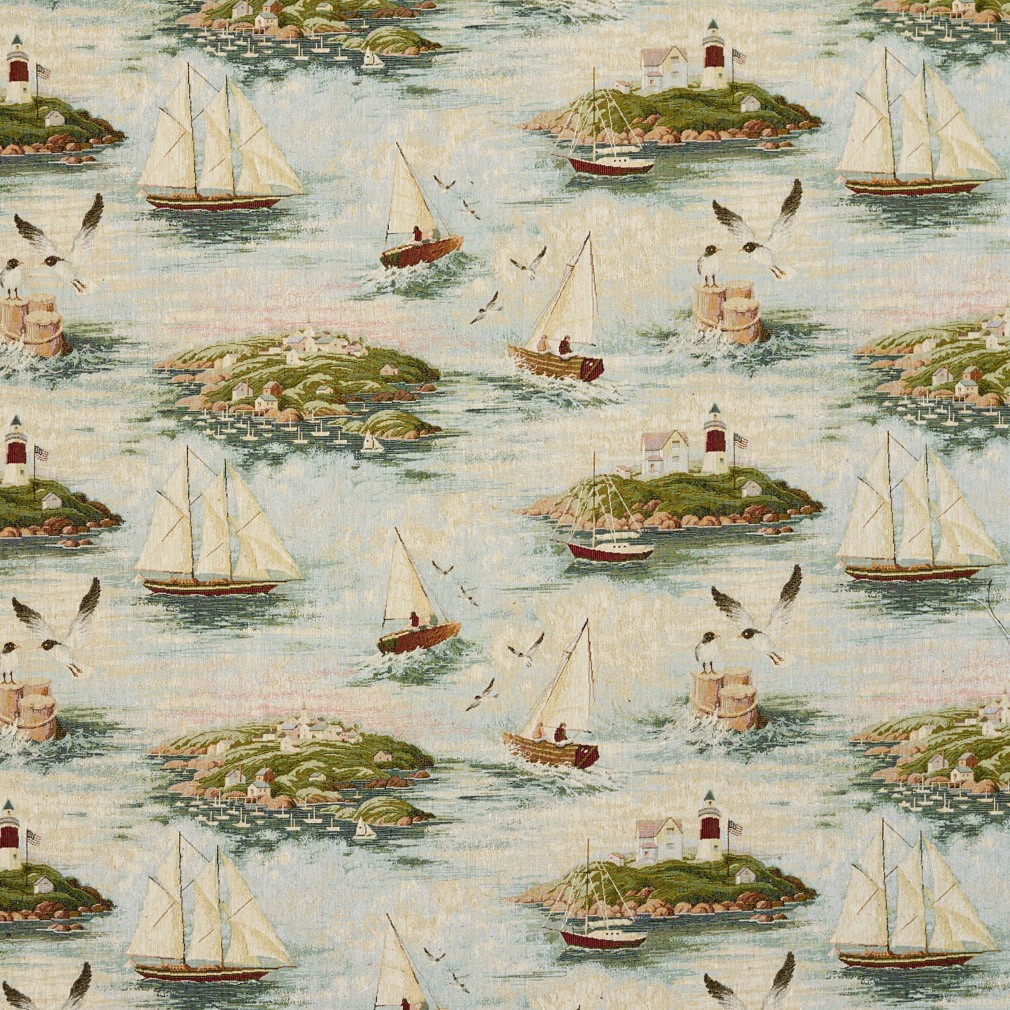 Lighthouse And Sail Boats Woven Novelty Upholstery Fabric By The