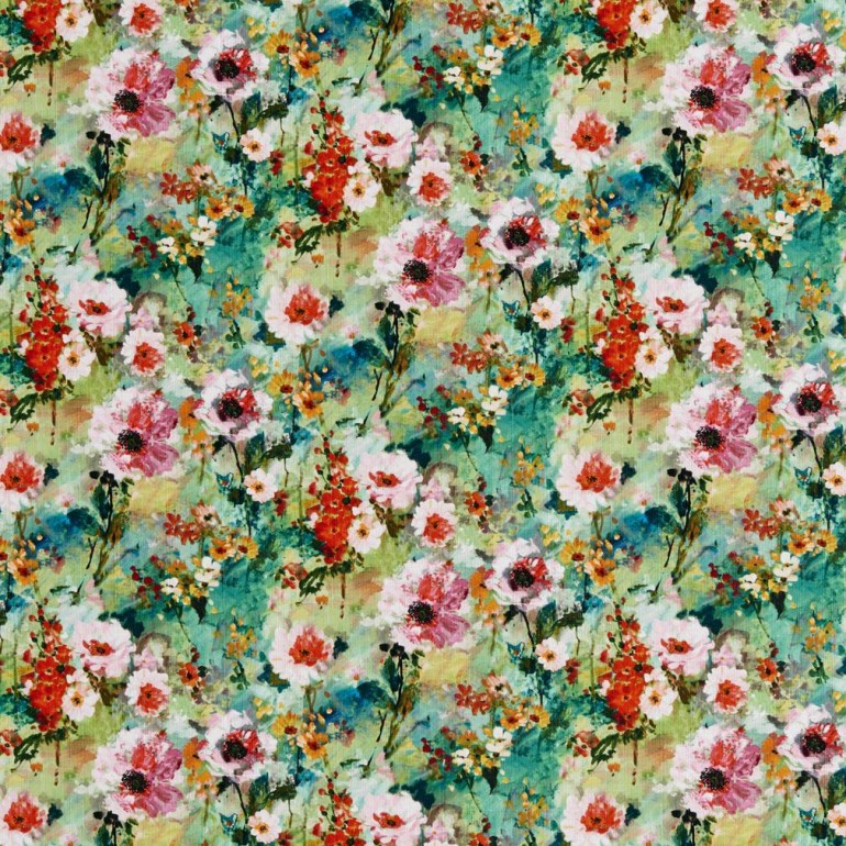 B0400A Green, Red And Pink Abstract Floral Print Upholstery Fabric