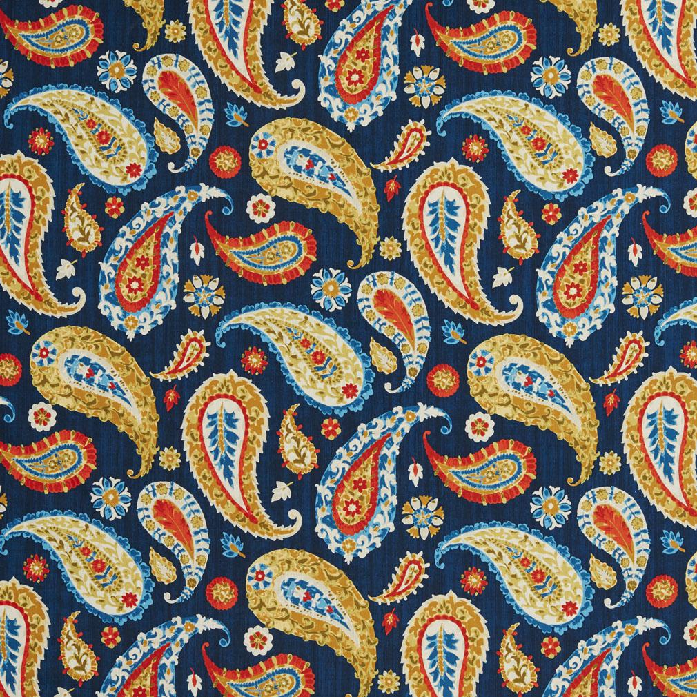 B0490C Blue, Red And Gold Large Paisley Print Upholstery Fabric