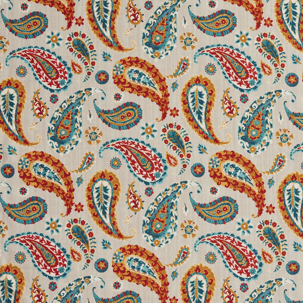 B0490D Turquoise, Red And Gold Large Paisley Print Fabric